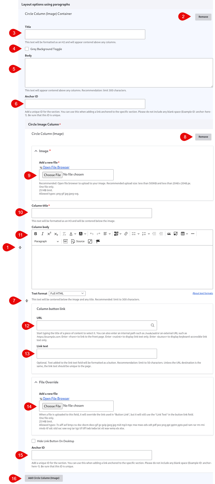 Annotated screenshot of circle column image options