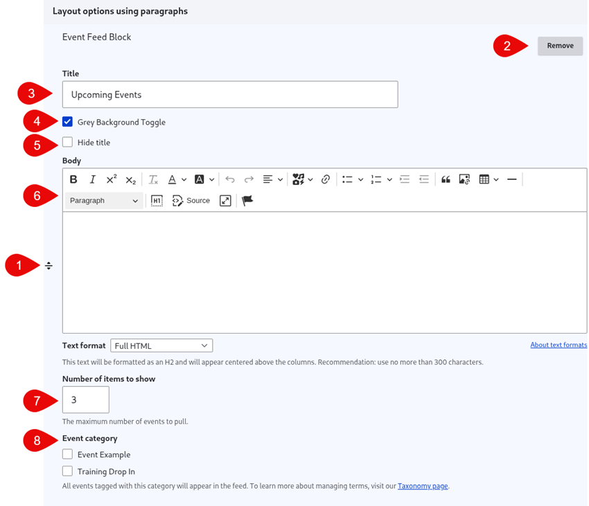 Annotated screenshot of event feed block options
