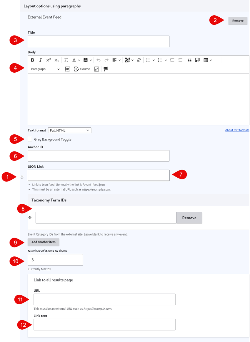 Annotated screenshot of external event feed block options