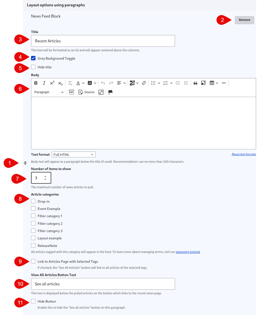 Annotated screenshot of news feed block options