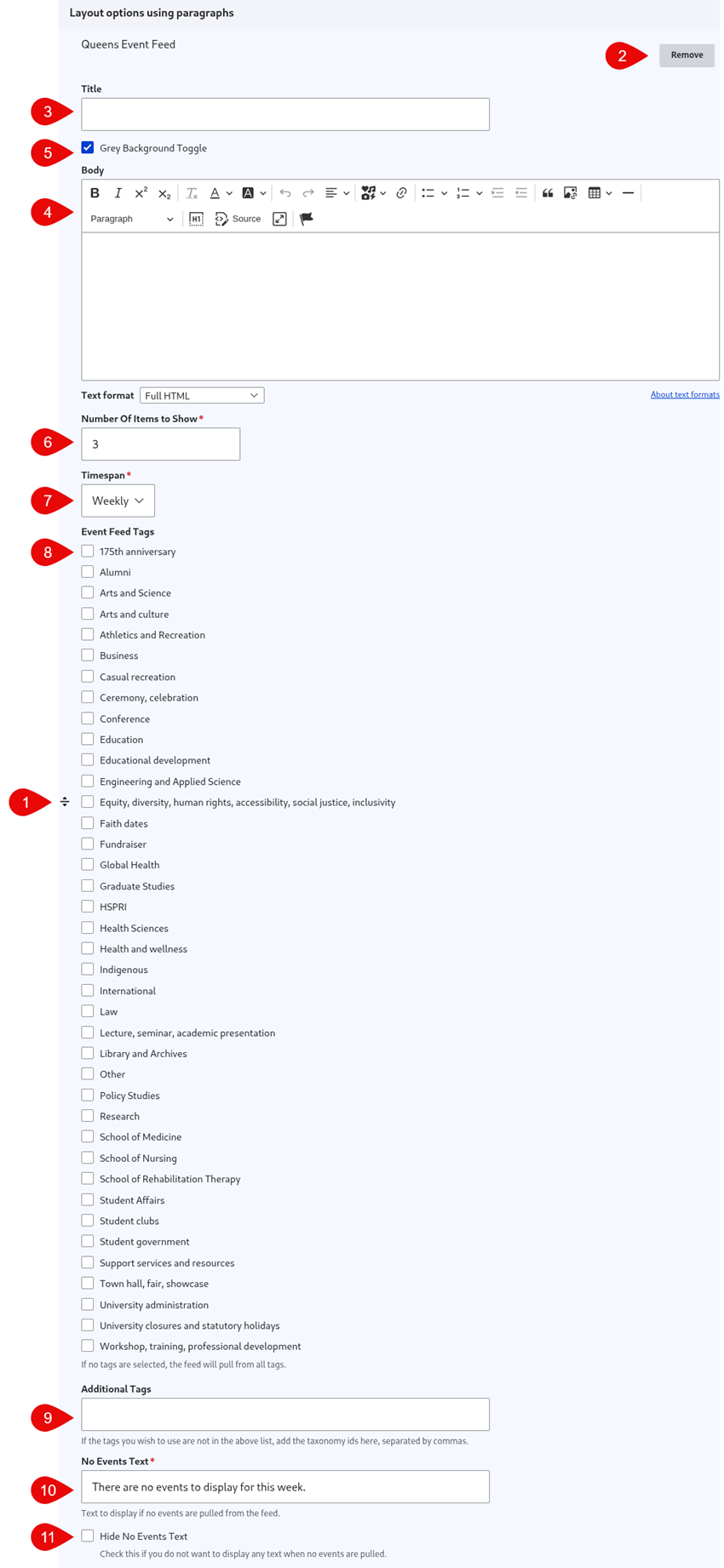 Annotated screenshot of queens event feed options