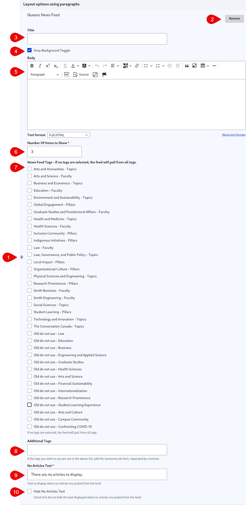 Annotated screenshot of queens news feed options