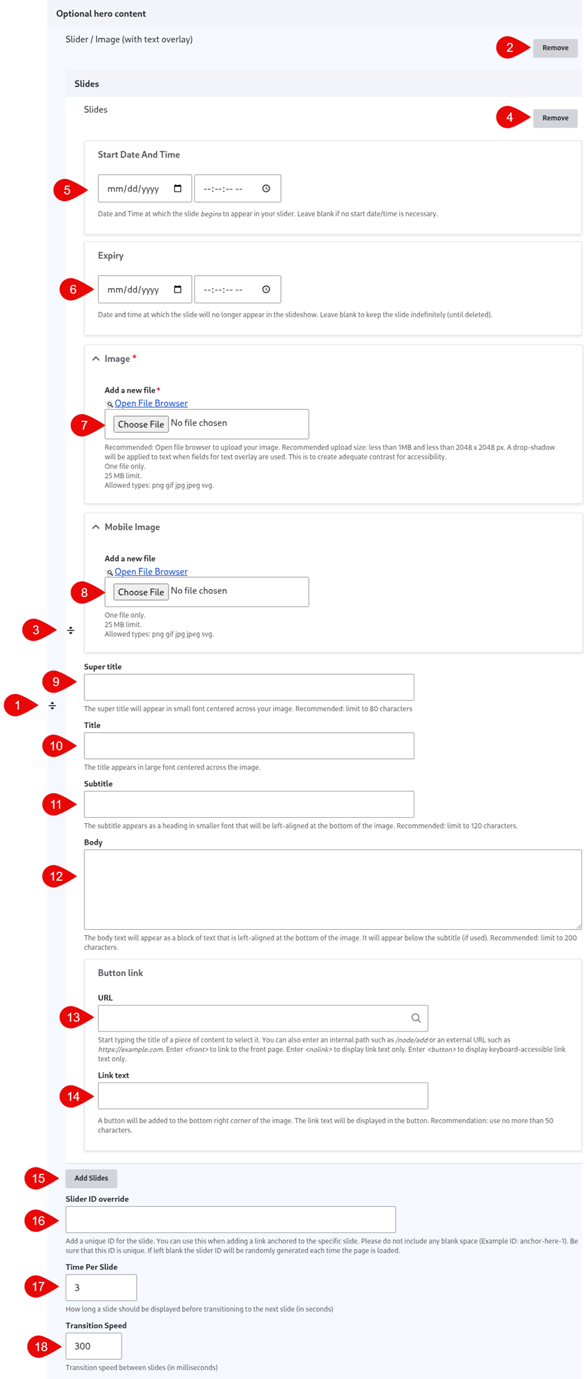 Annotated screenshot of slider options