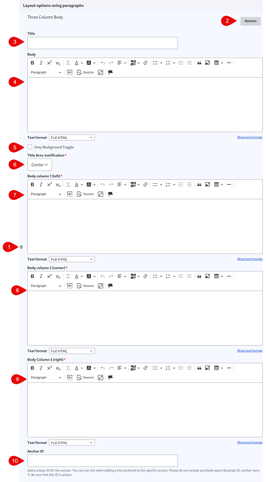 Annotated screenshot of three column body options