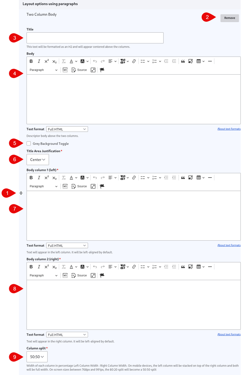 Annotated screenshot of two column body options