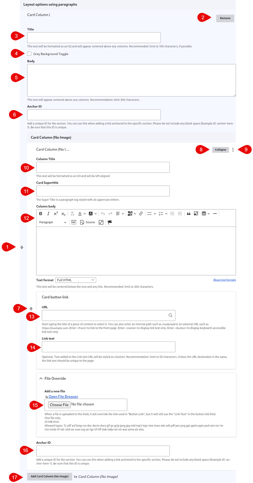 Annotated screenshot of card column (no image) options