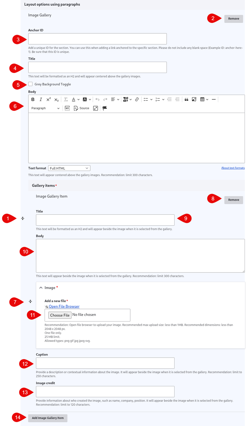 Annotated screenshot of image gallery options