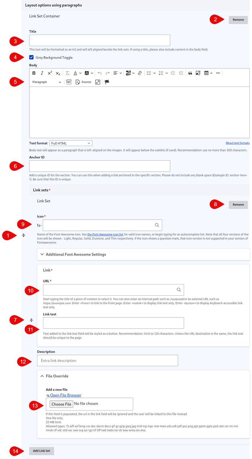 Annotated screenshot of link set options