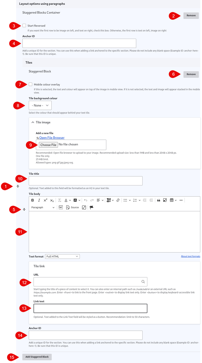 Annotated screenshot of staggered block options