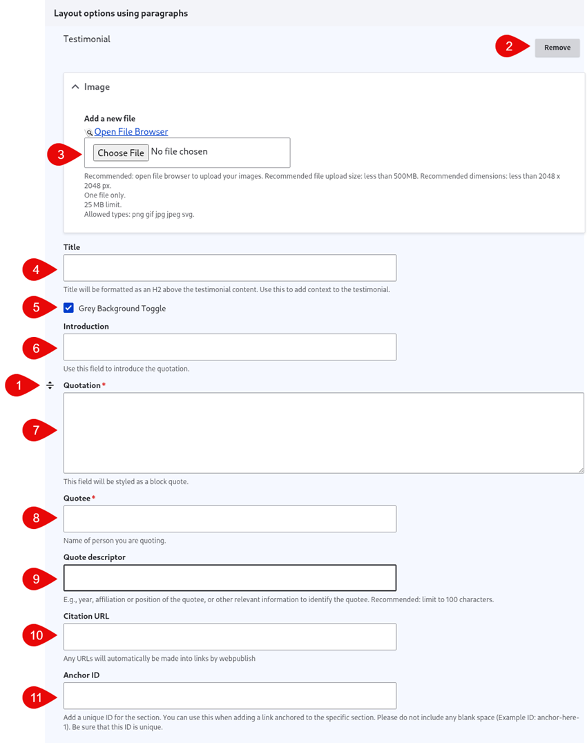 Annotated screenshot of testimonial options