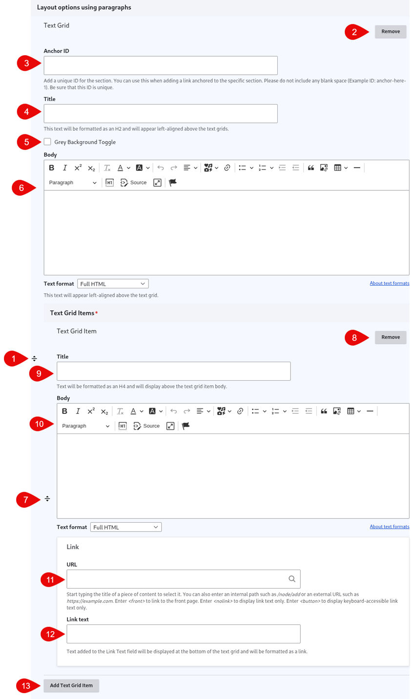 Annotated screenshot of text grid options