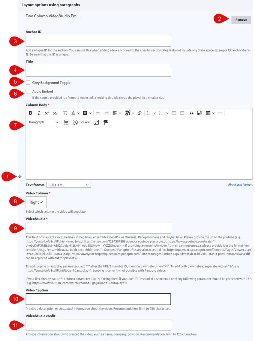Annotated screenshot of two column video/audio embed options