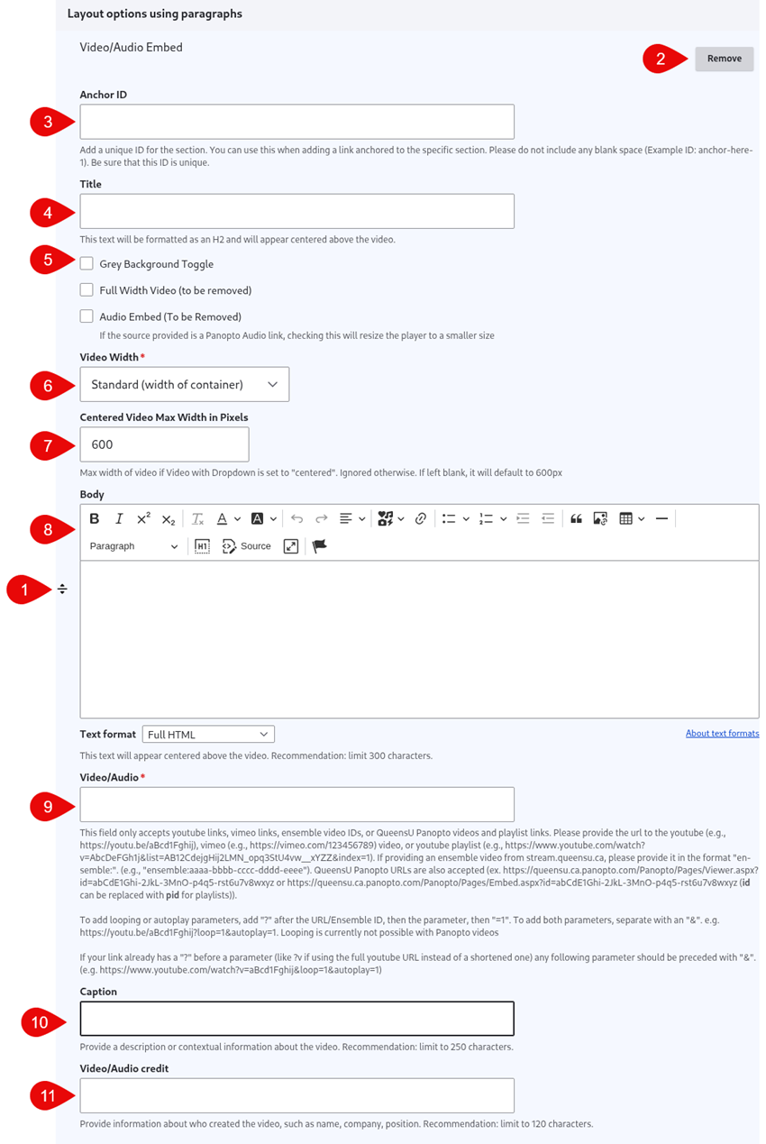 Annotated screenshot of video/audio embed options