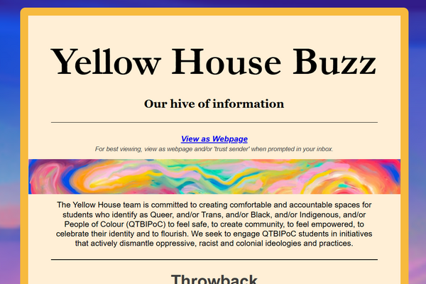 screenshot of Yellow House Newsletter page.