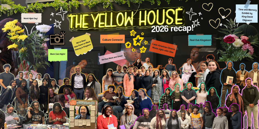 a mural of images with a black background and the words "The Yellow House" in neon yellow at the top.