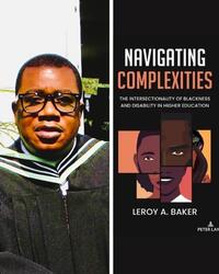 man in grad gown next to book cover