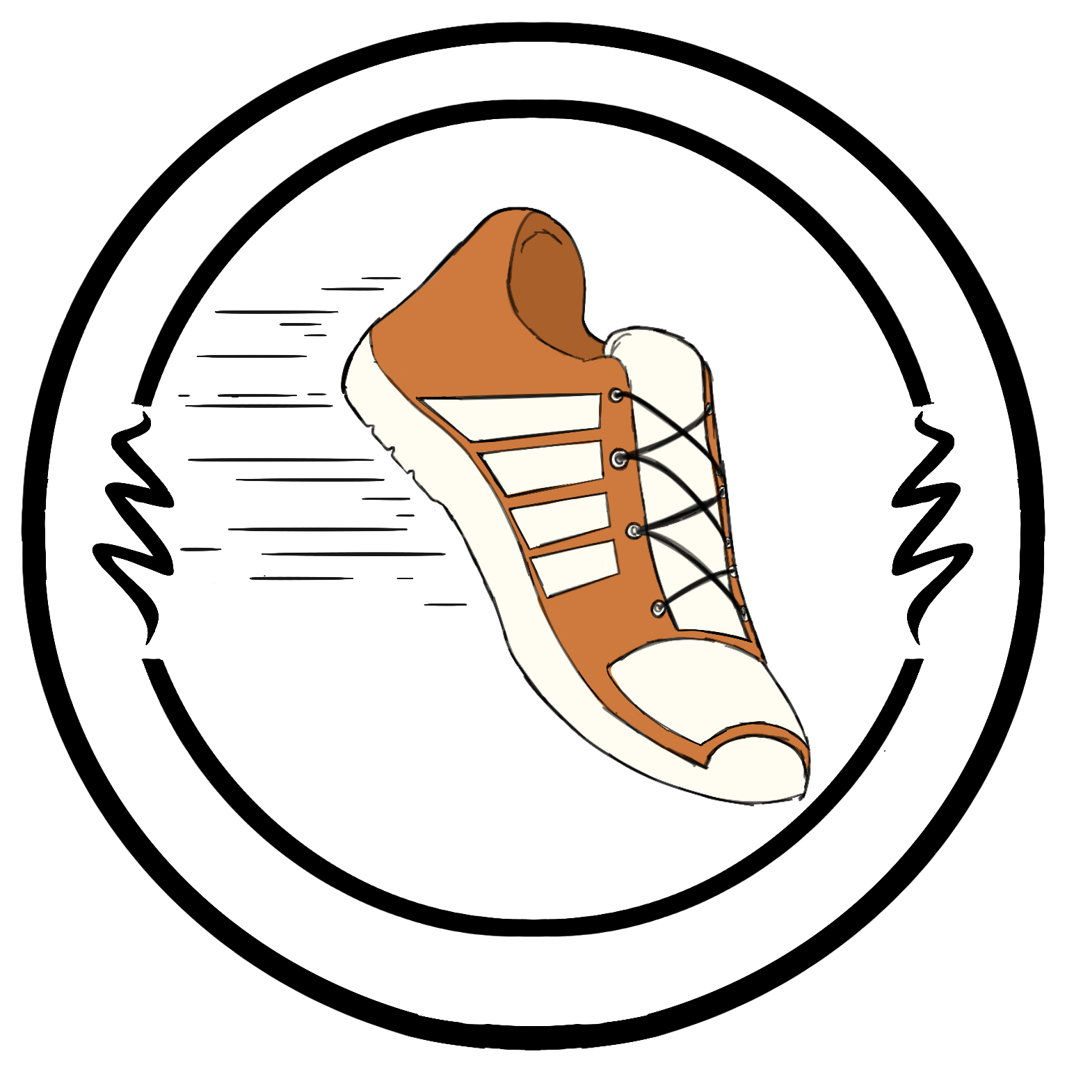 An orange sneaker moving to the right.