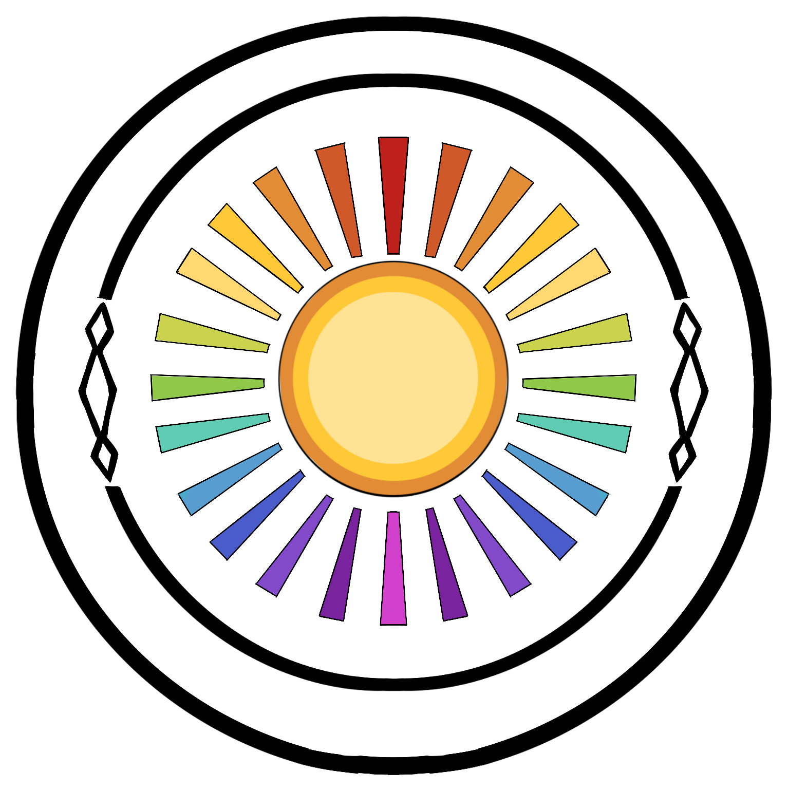 A sun emitting rays that are the colours of the rainbow.