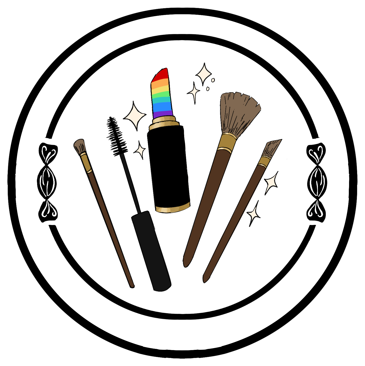 Various makeup tools, including a rainbow-coloured lipstick in the centre.